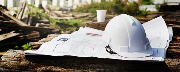 A white construction helmet on top of project documents