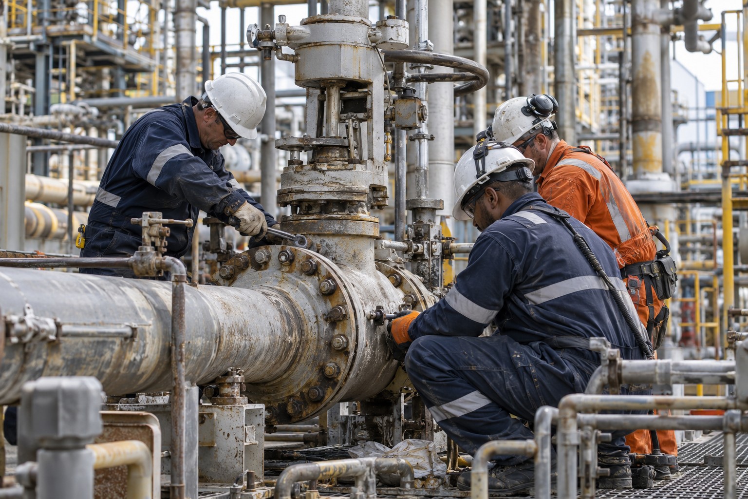 Technicians performing mechanical maintenance during an industrial turnaround
